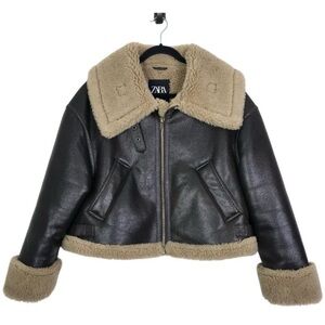 NWT Zara Double Faced Shearling Biker Jacket Faux Leather Brown